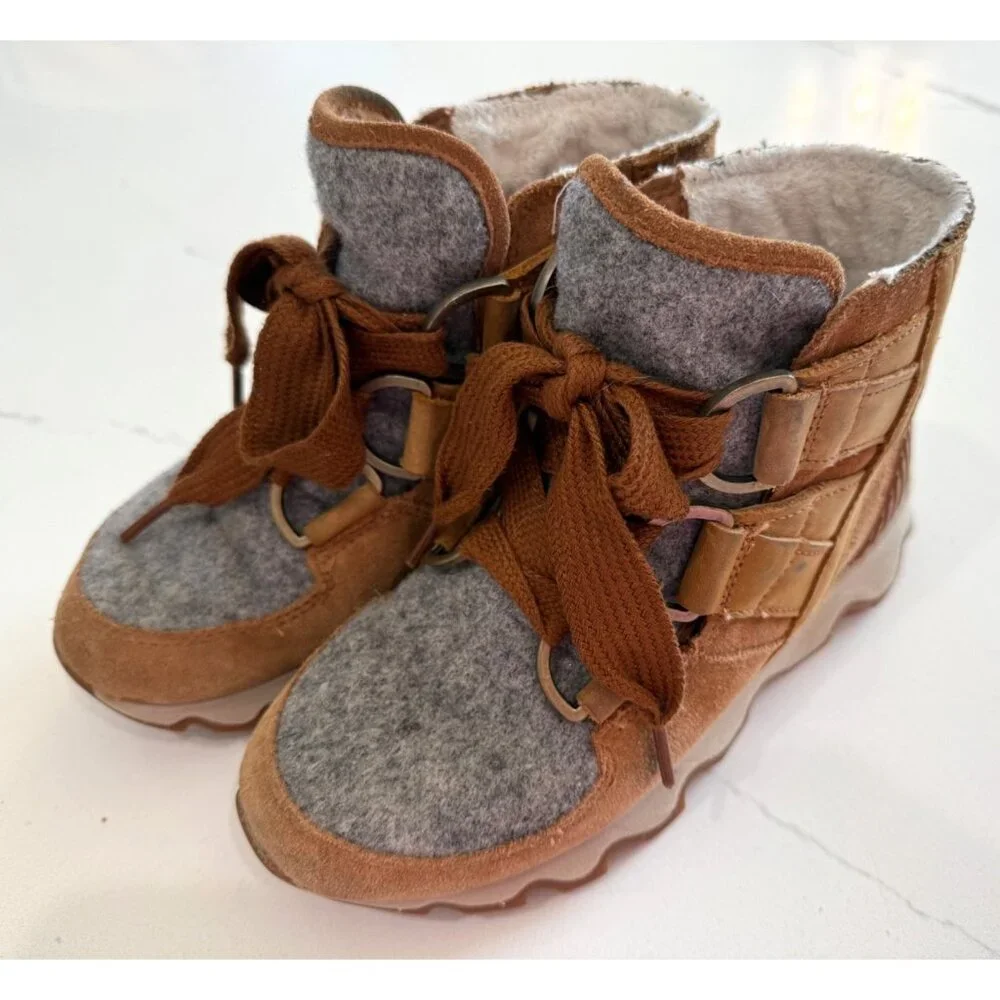 Sorel‎ Womens Kinetic Leather Ankle Boots Fur Lining Rubber Size 5 Brown Suede